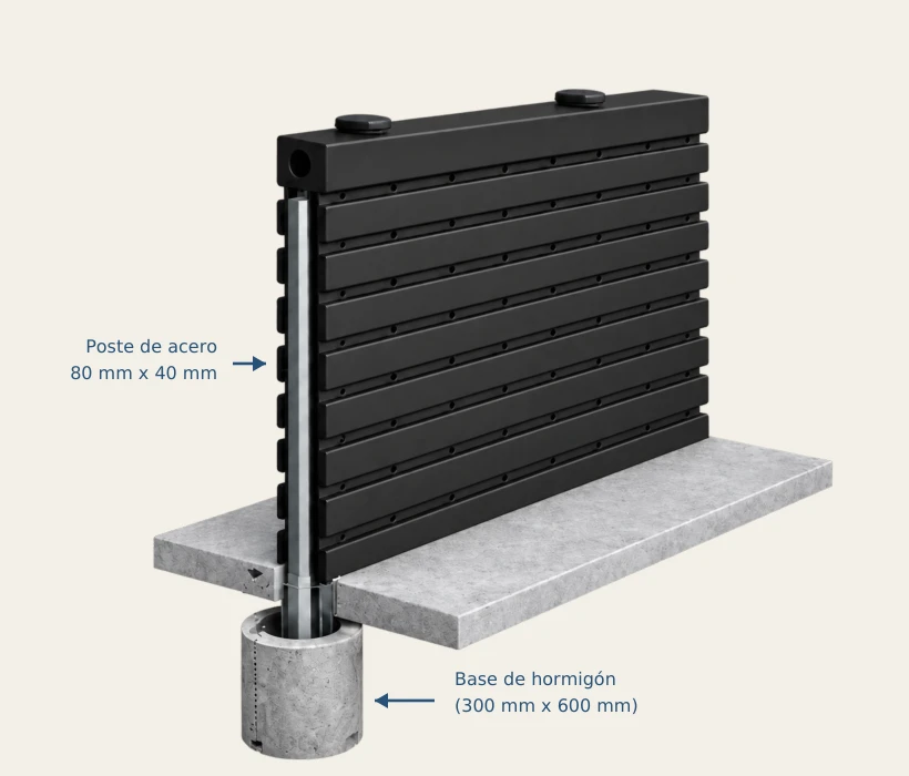Esquema de instalación independiente: poste de acero de 80 por 40 mm y base de hormigón de 300 mm de diámetro por 600 mm de profundidad