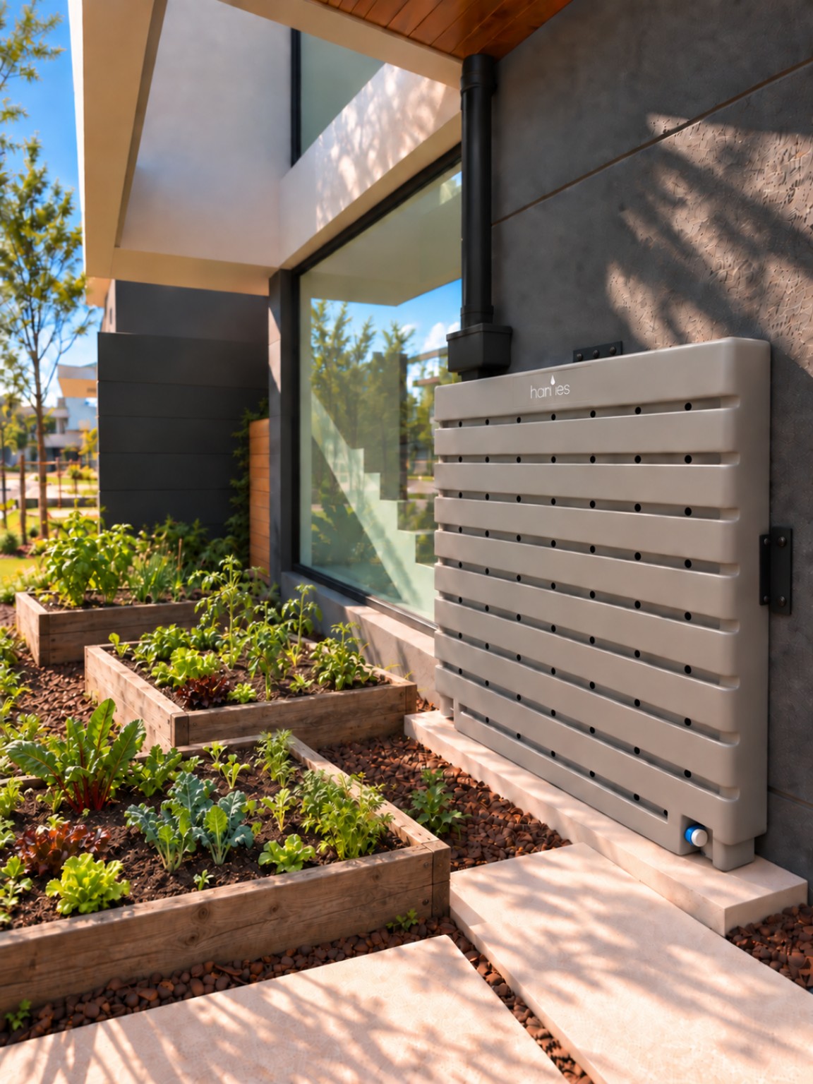 Rainwater Wall instalado junto a una huerta residencial